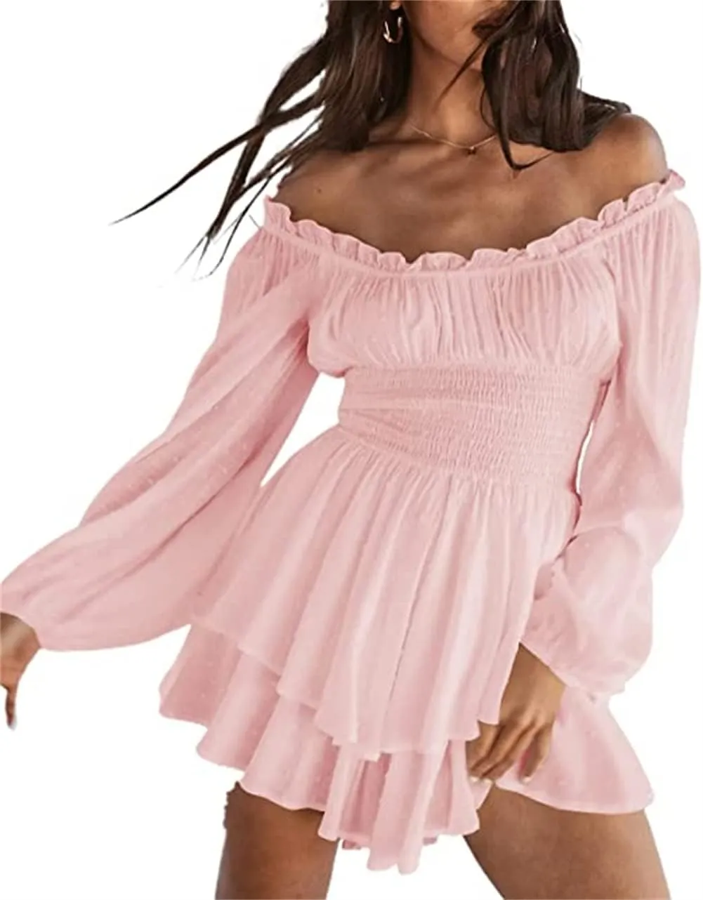 Dress Romper Women Layer Ruffle Short Jumpsuit Off Shoulder Lantern Long Sleeve Flowy Mini Dress Playsuit Y2k Fall