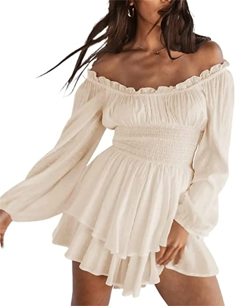 Dress Romper Women Layer Ruffle Short Jumpsuit Off Shoulder Lantern Long Sleeve Flowy Mini Dress Playsuit Y2k Fall