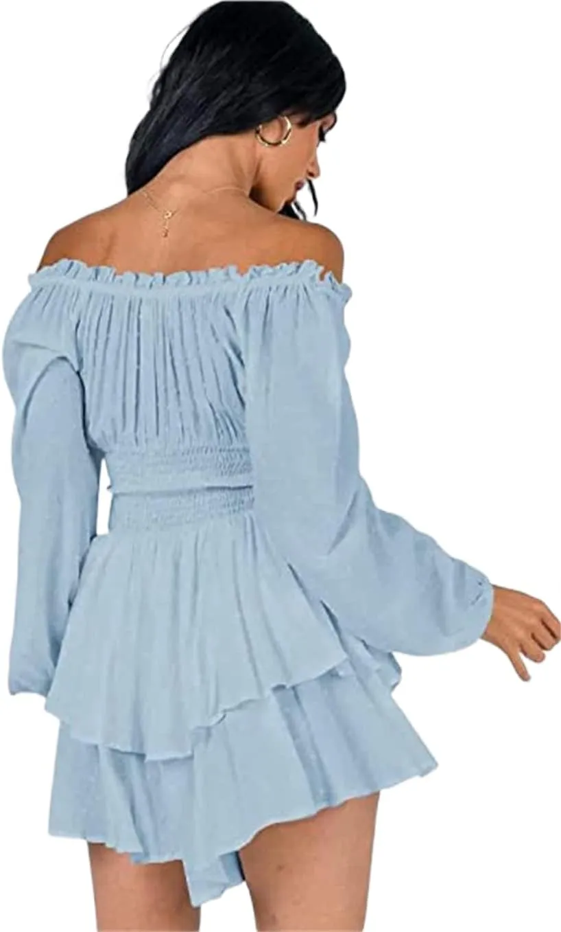 Dress Romper Women Layer Ruffle Short Jumpsuit Off Shoulder Lantern Long Sleeve Flowy Mini Dress Playsuit Y2k Fall