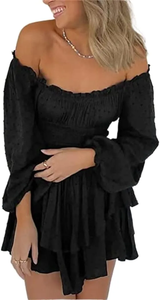 Dress Romper Women Layer Ruffle Short Jumpsuit Off Shoulder Lantern Long Sleeve Flowy Mini Dress Playsuit Y2k Fall