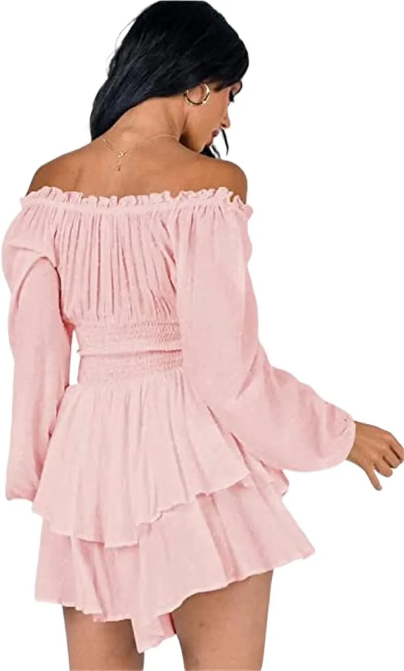 Dress Romper Women Layer Ruffle Short Jumpsuit Off Shoulder Lantern Long Sleeve Flowy Mini Dress Playsuit Y2k Fall