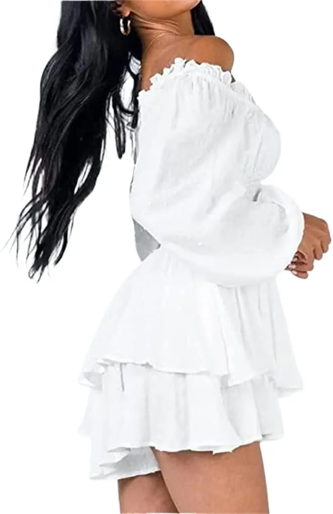 Dress Romper Women Layer Ruffle Short Jumpsuit Off Shoulder Lantern Long Sleeve Flowy Mini Dress Playsuit Y2k Fall
