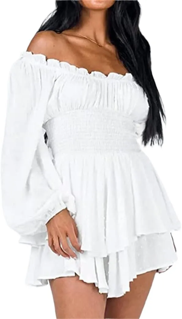 Dress Romper Women Layer Ruffle Short Jumpsuit Off Shoulder Lantern Long Sleeve Flowy Mini Dress Playsuit Y2k Fall