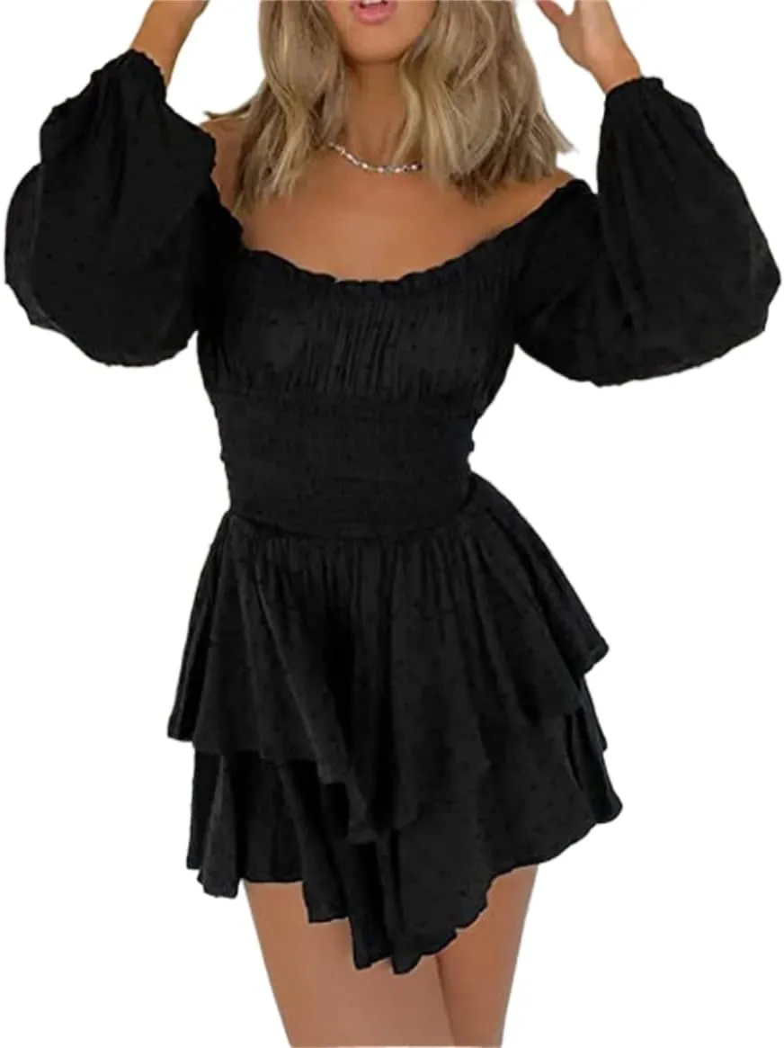 Dress Romper Women Layer Ruffle Short Jumpsuit Off Shoulder Lantern Long Sleeve Flowy Mini Dress Playsuit Y2k Fall