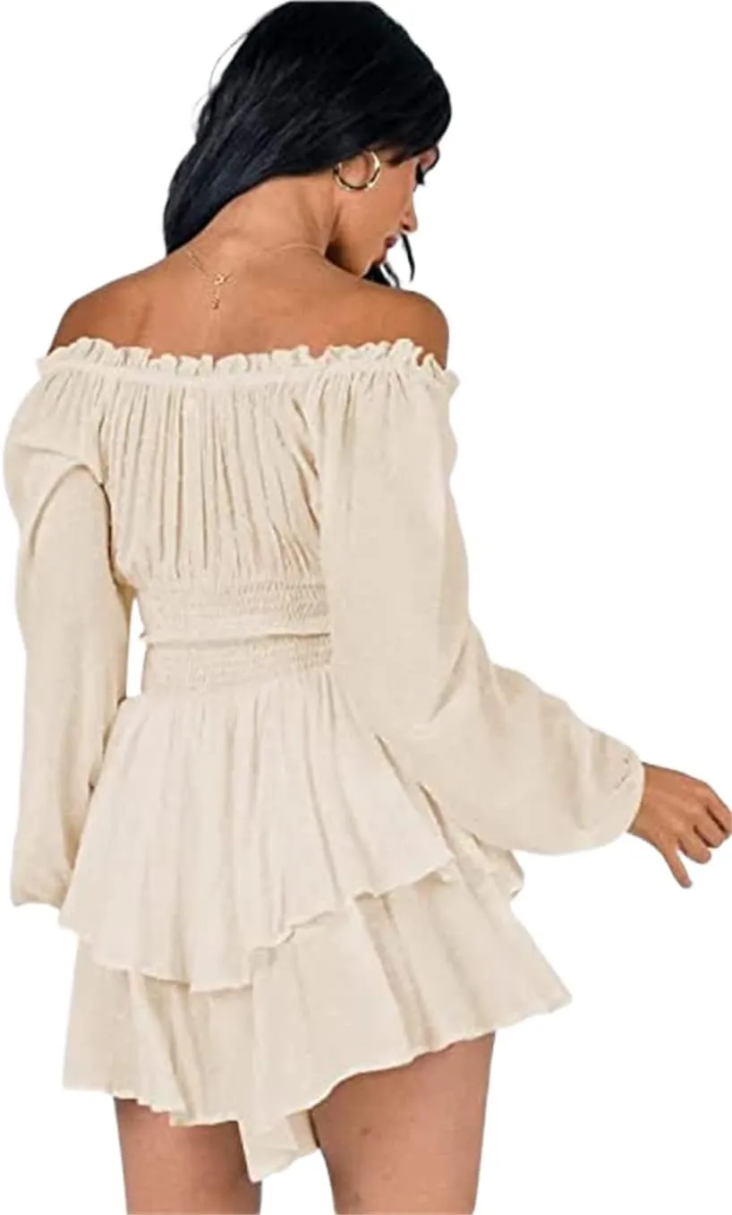 Dress Romper Women Layer Ruffle Short Jumpsuit Off Shoulder Lantern Long Sleeve Flowy Mini Dress Playsuit Y2k Fall