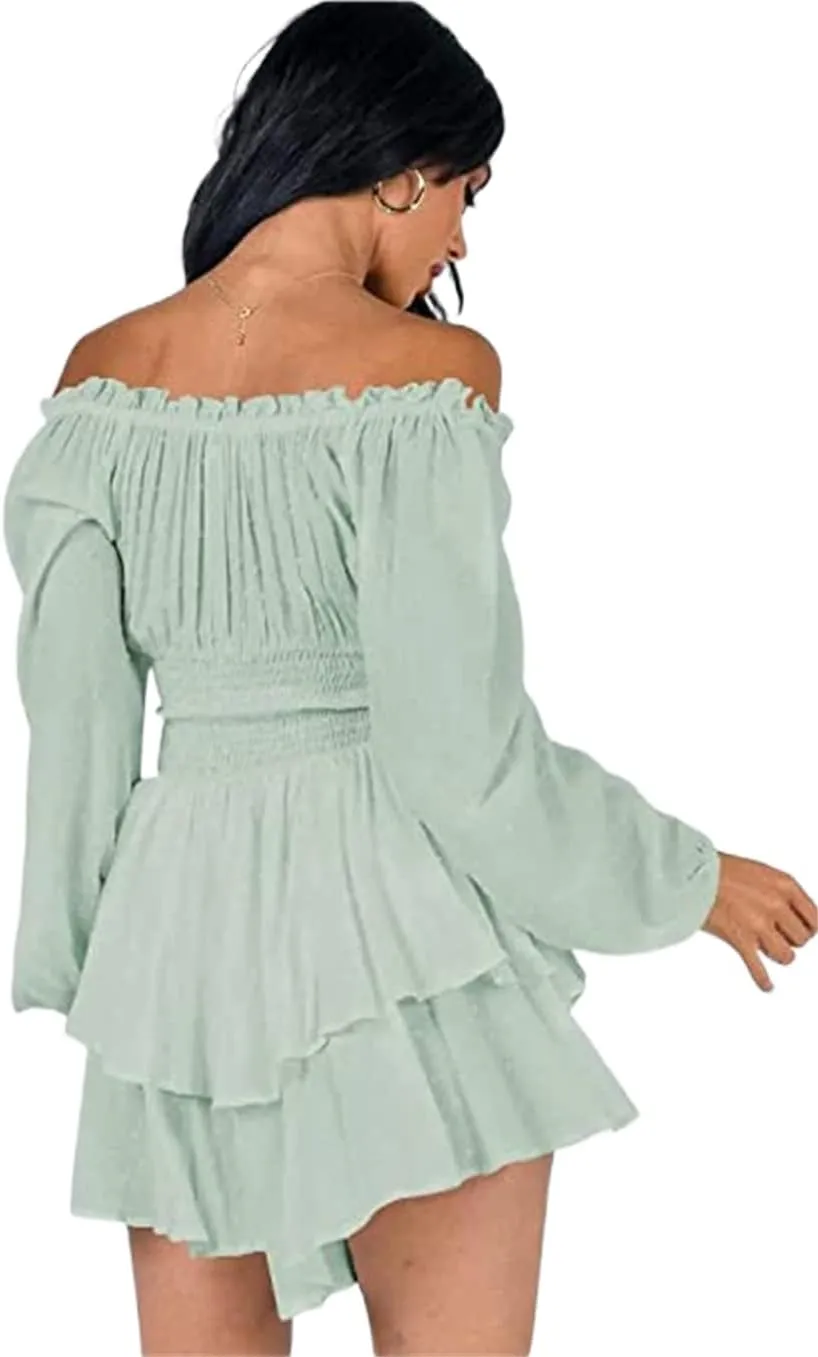 Dress Romper Women Layer Ruffle Short Jumpsuit Off Shoulder Lantern Long Sleeve Flowy Mini Dress Playsuit Y2k Fall