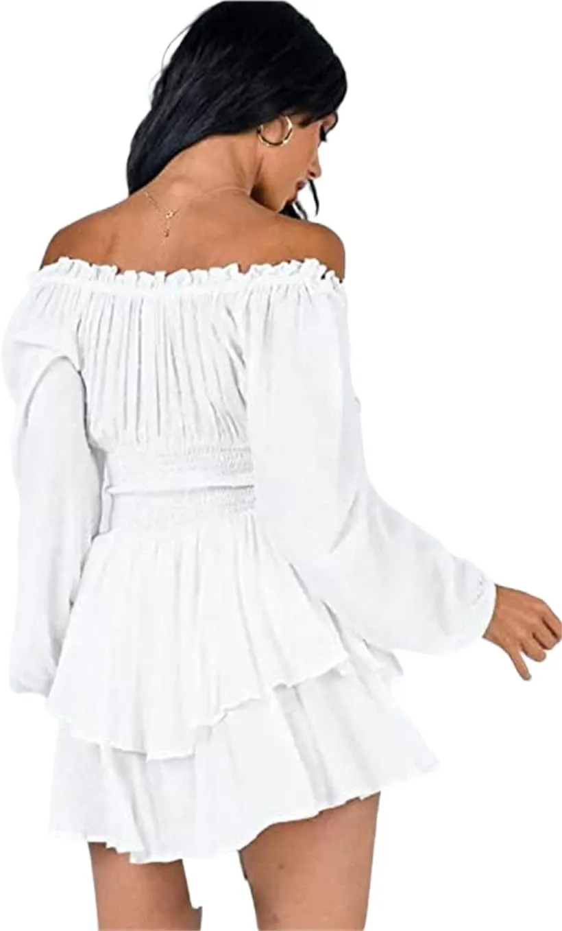 Dress Romper Women Layer Ruffle Short Jumpsuit Off Shoulder Lantern Long Sleeve Flowy Mini Dress Playsuit Y2k Fall