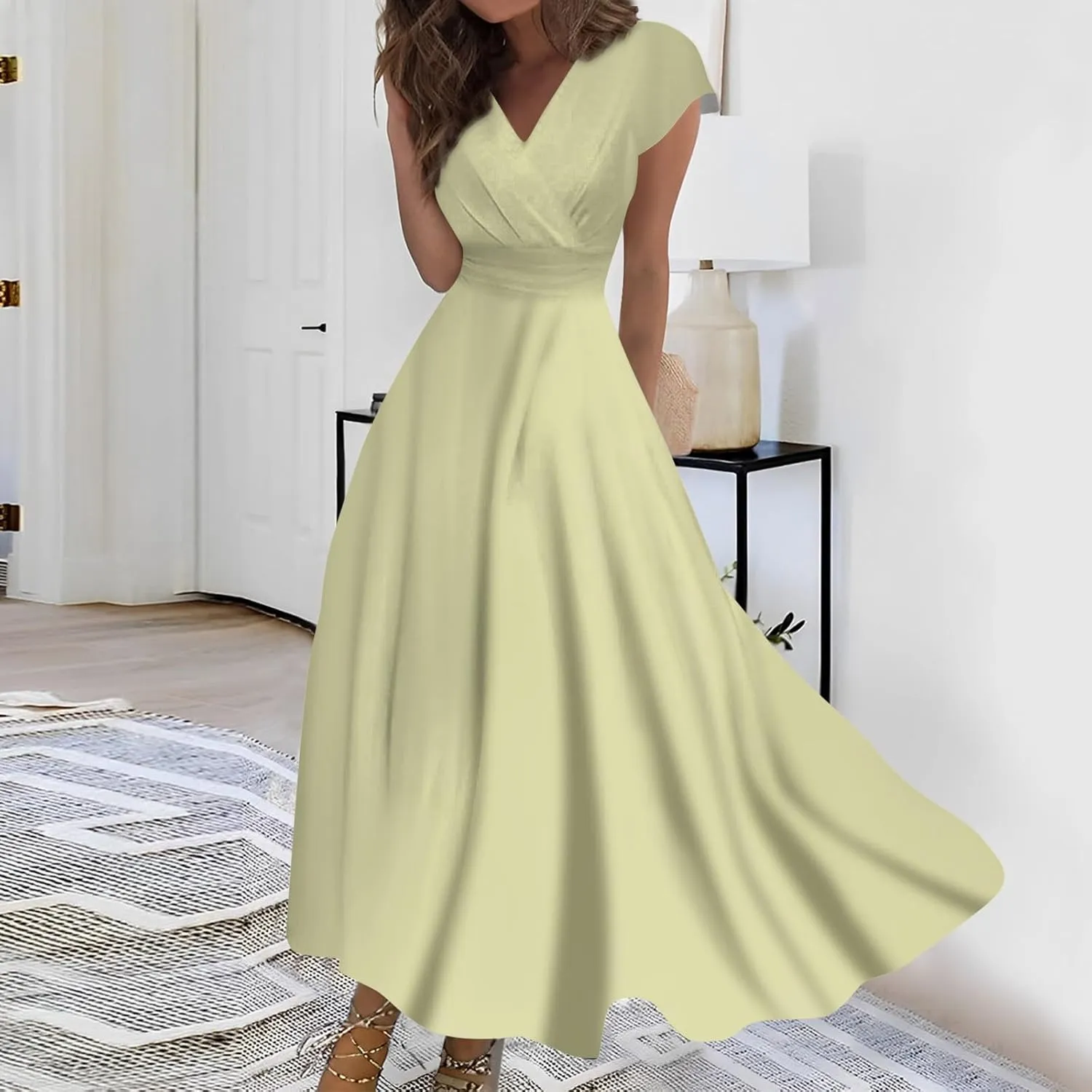 Dresses for Women 2025 Sleeveless Flowy Ruched Maxi Dress Wrap V Neck Floral Print Sundress Trendy Boho Dress