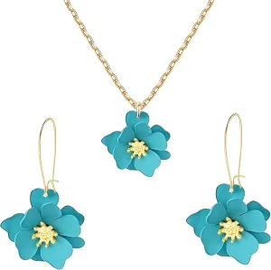 Dreuyet Charm Bohemian Daisy Flower Earring Necklaces Set for Women Elegant Matte Floral Long Petal Dangle Earrings Chic Layered Tiered Drop Earrings Seaside Holiday Jewelry
