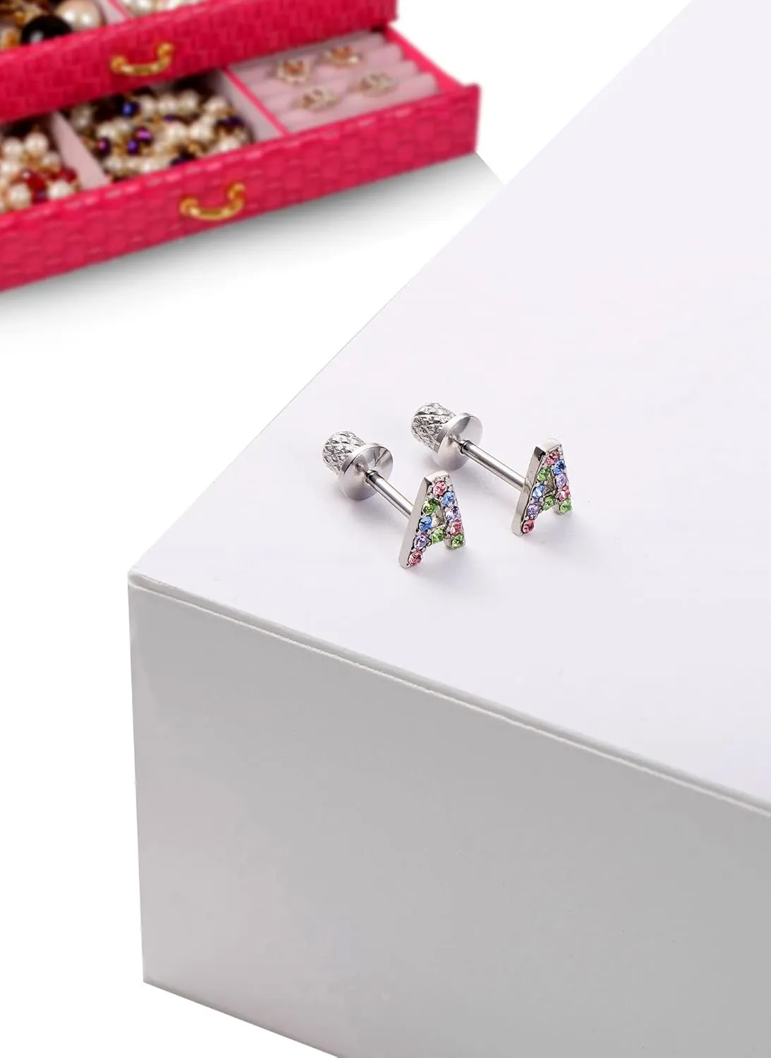 Earrings For Girls,18k Gold Plated Multicolored Alphabet Letter Initial Hypoallergenic Earrings, Stud Screw On Safety Backs, Stainless Steel Ultra Sensitive Ears Post For Kids, Little Girls, Teens