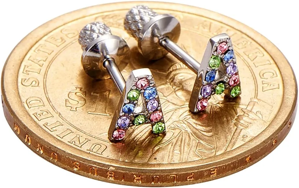 Earrings For Girls,18k Gold Plated Multicolored Alphabet Letter Initial Hypoallergenic Earrings, Stud Screw On Safety Backs, Stainless Steel Ultra Sensitive Ears Post For Kids, Little Girls, Teens