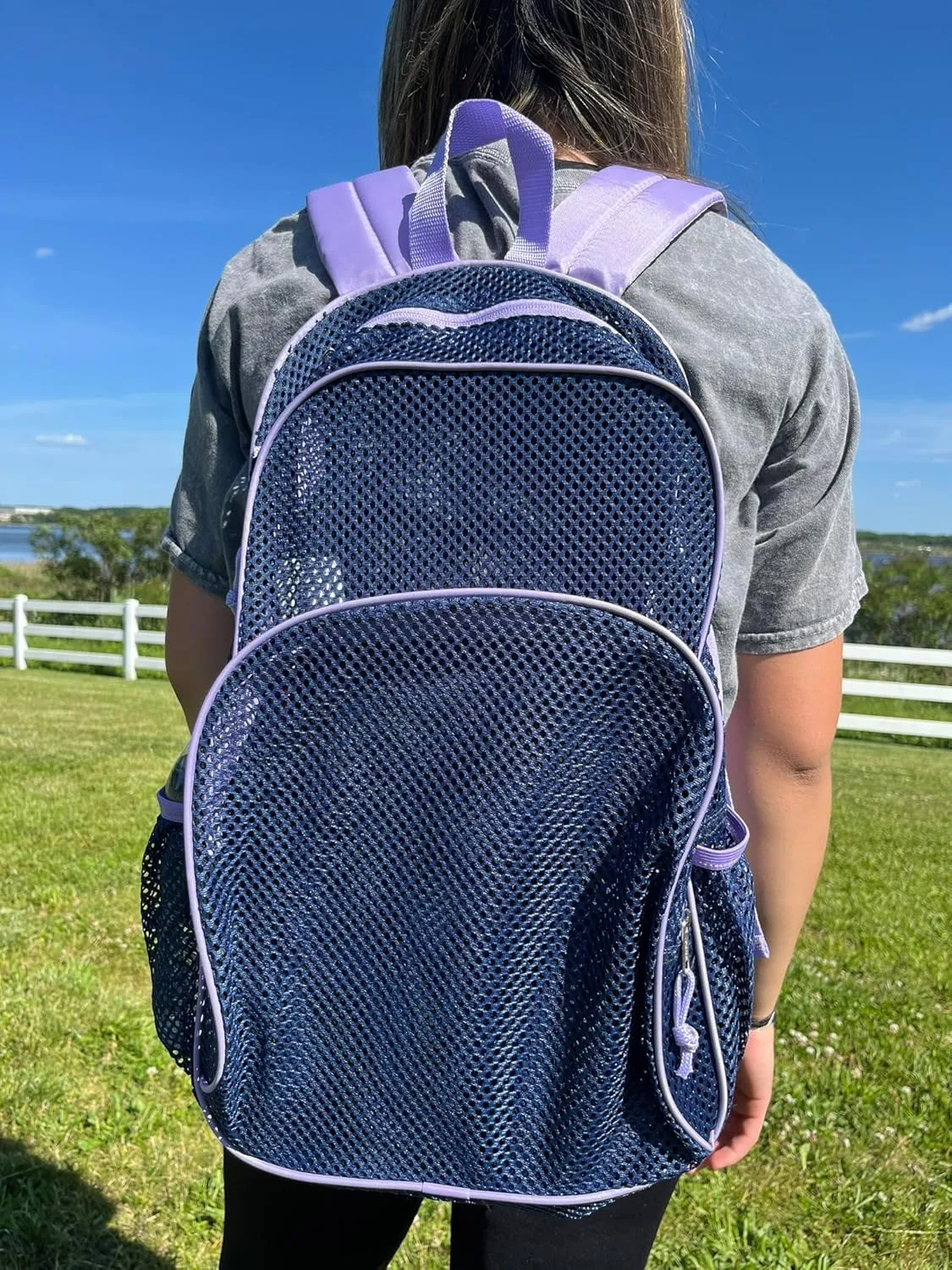Eastsport Mesh Beach Backpack, College Bookbag, Lightweight See Through for Travel, Swim, Gym, 17.5 Inches, Lavender Mesh Navy Trim