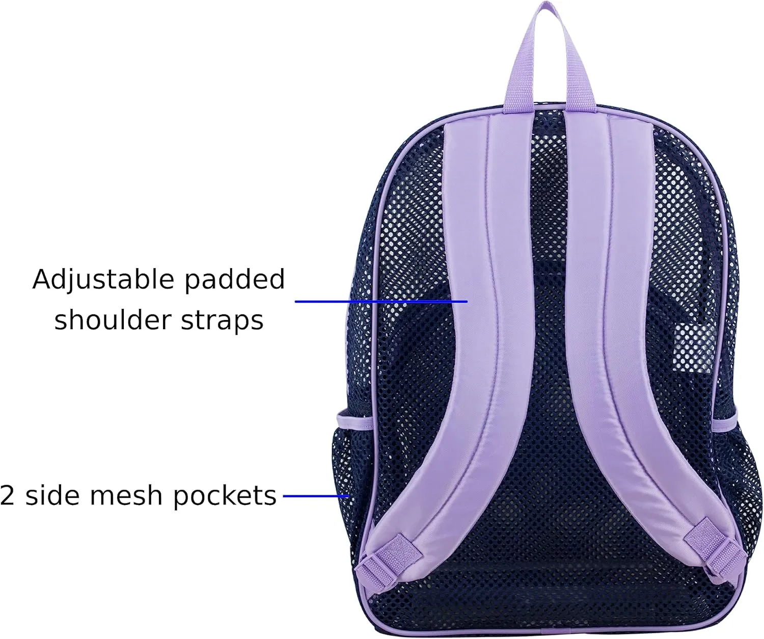 Eastsport Mesh Beach Backpack, College Bookbag, Lightweight See Through for Travel, Swim, Gym, 17.5 Inches, Lavender Mesh Navy Trim