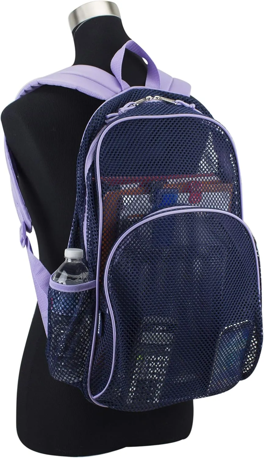Eastsport Mesh Beach Backpack, College Bookbag, Lightweight See Through for Travel, Swim, Gym, 17.5 Inches, Lavender Mesh Navy Trim