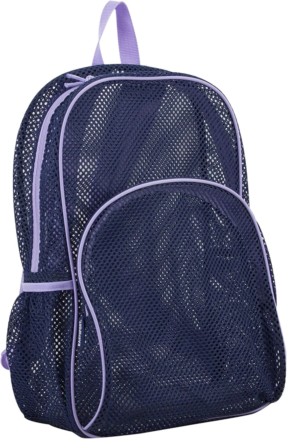 Eastsport Mesh Beach Backpack, College Bookbag, Lightweight See Through for Travel, Swim, Gym, 17.5 Inches, Lavender Mesh Navy Trim