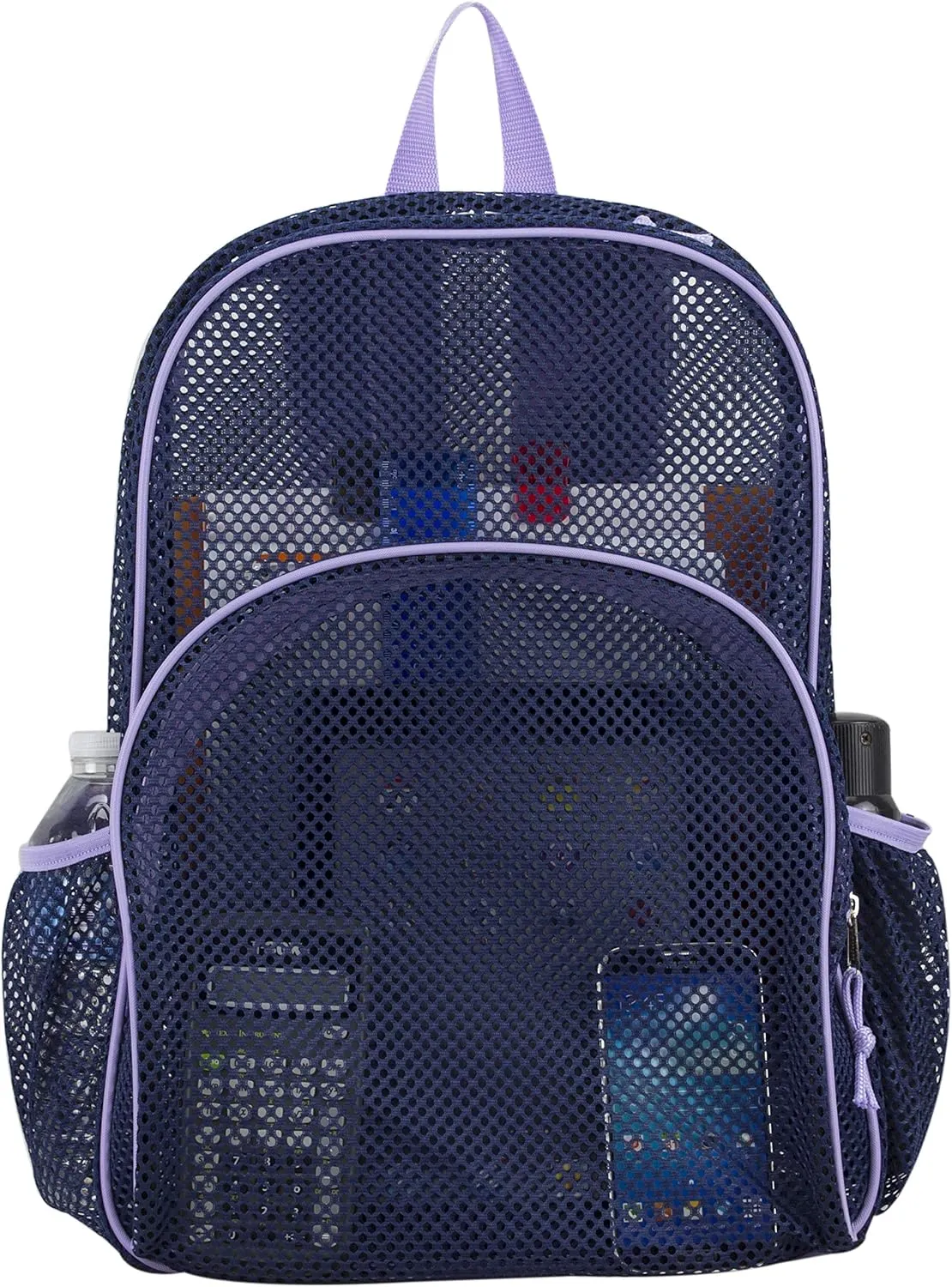 Eastsport Mesh Beach Backpack, College Bookbag, Lightweight See Through for Travel, Swim, Gym, 17.5 Inches, Lavender Mesh Navy Trim