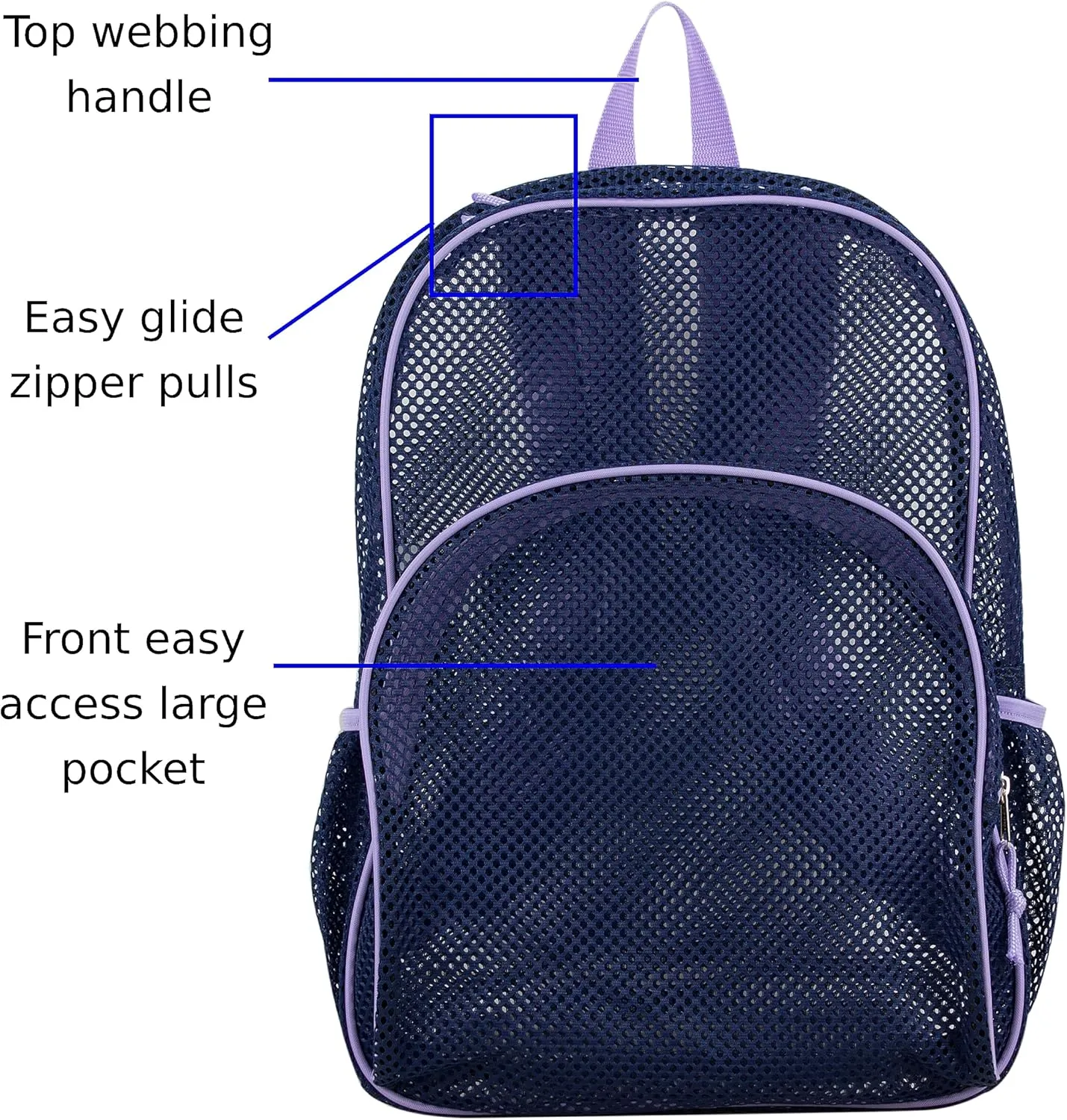 Eastsport Mesh Beach Backpack, College Bookbag, Lightweight See Through for Travel, Swim, Gym, 17.5 Inches, Lavender Mesh Navy Trim