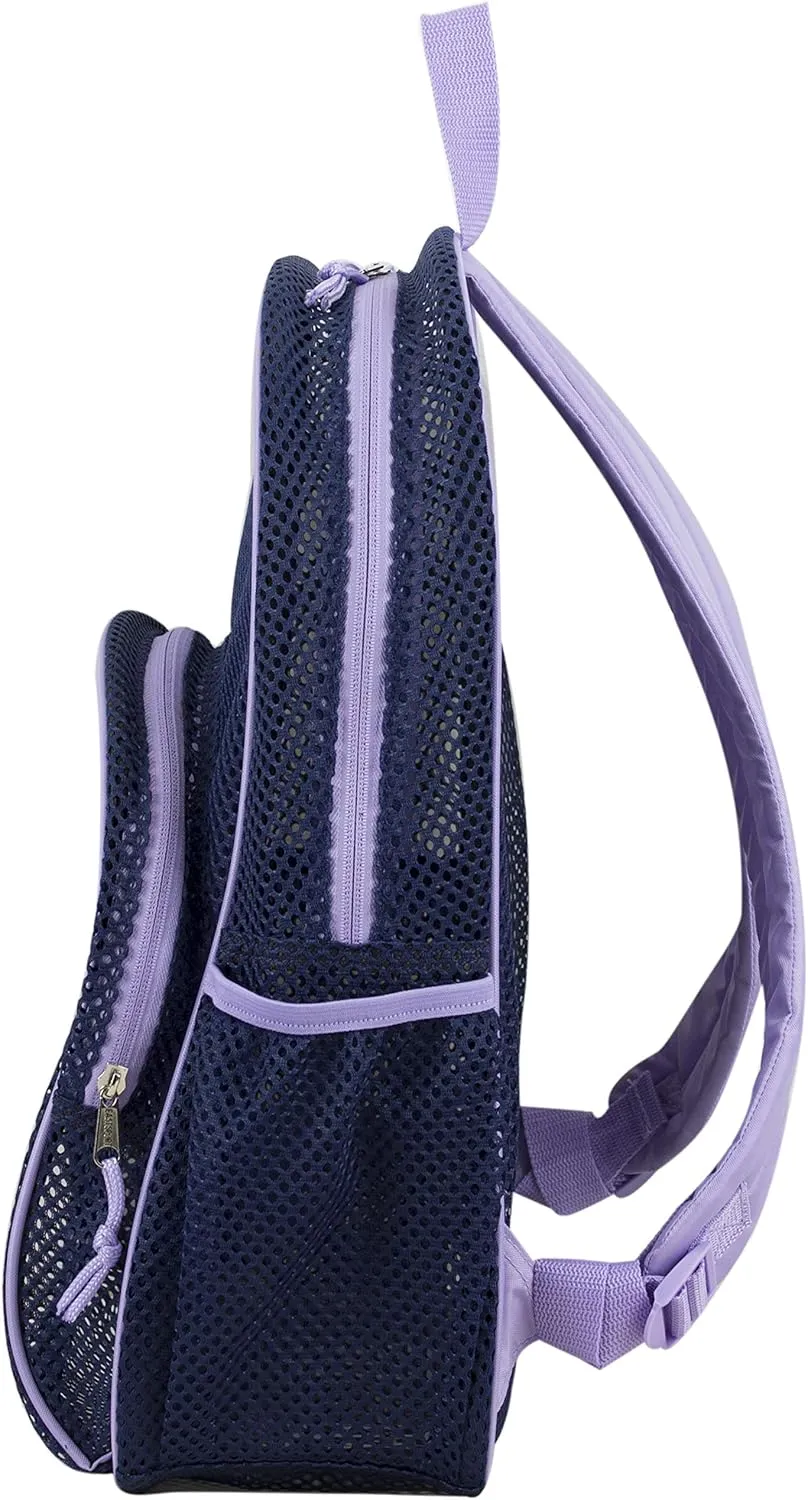 Eastsport Mesh Beach Backpack, College Bookbag, Lightweight See Through for Travel, Swim, Gym, 17.5 Inches, Lavender Mesh Navy Trim
