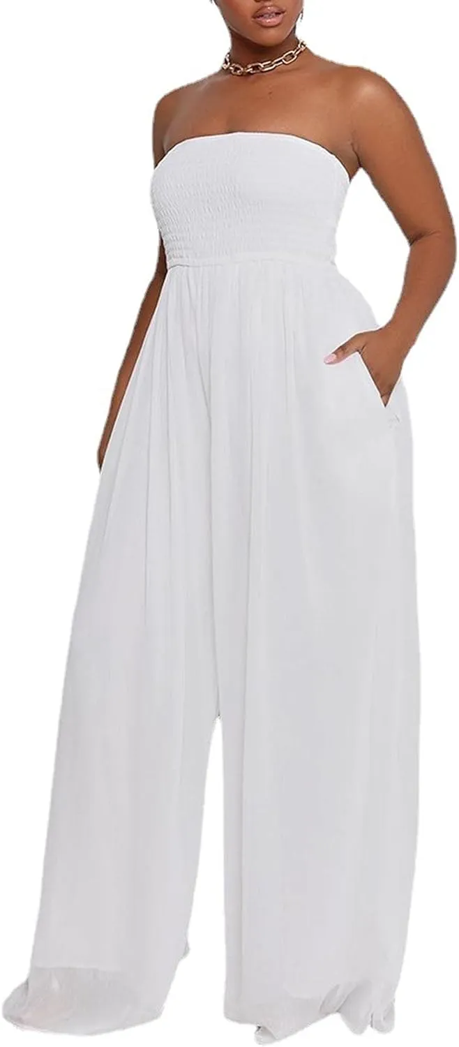 ECDAHICC Women's Strapless Tube Top Rompers Casual Off Shoulder Solid Color Belted Wide Leg Jumpsuit with Pockets