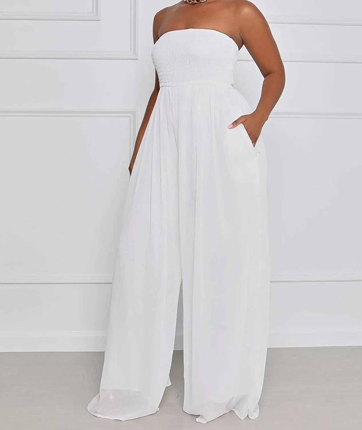 ECDAHICC Women's Strapless Tube Top Rompers Casual Off Shoulder Solid Color Belted Wide Leg Jumpsuit with Pockets