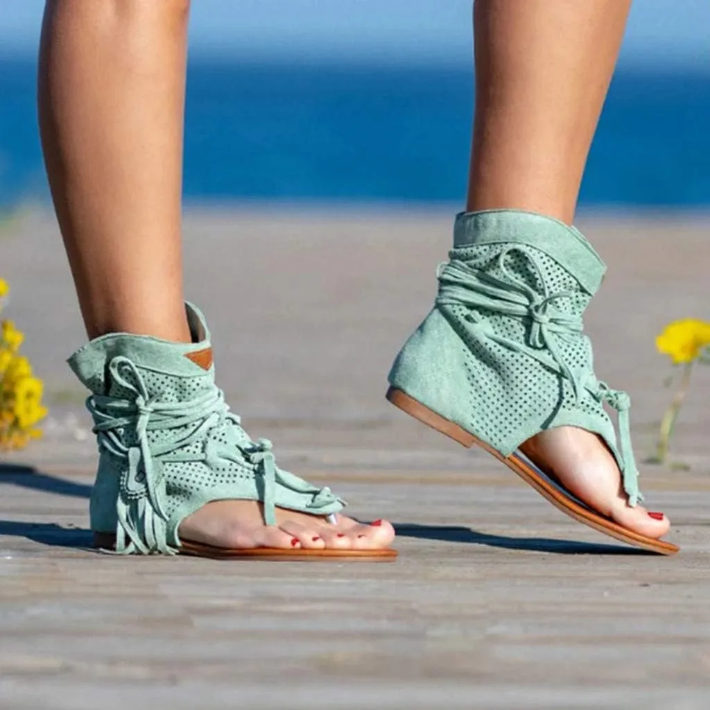 Eduavar Summer Sandals for Women, Sandals for Women Dressy Bohemian Gladiator Fringe Flat Clip Toe Ankle Boots