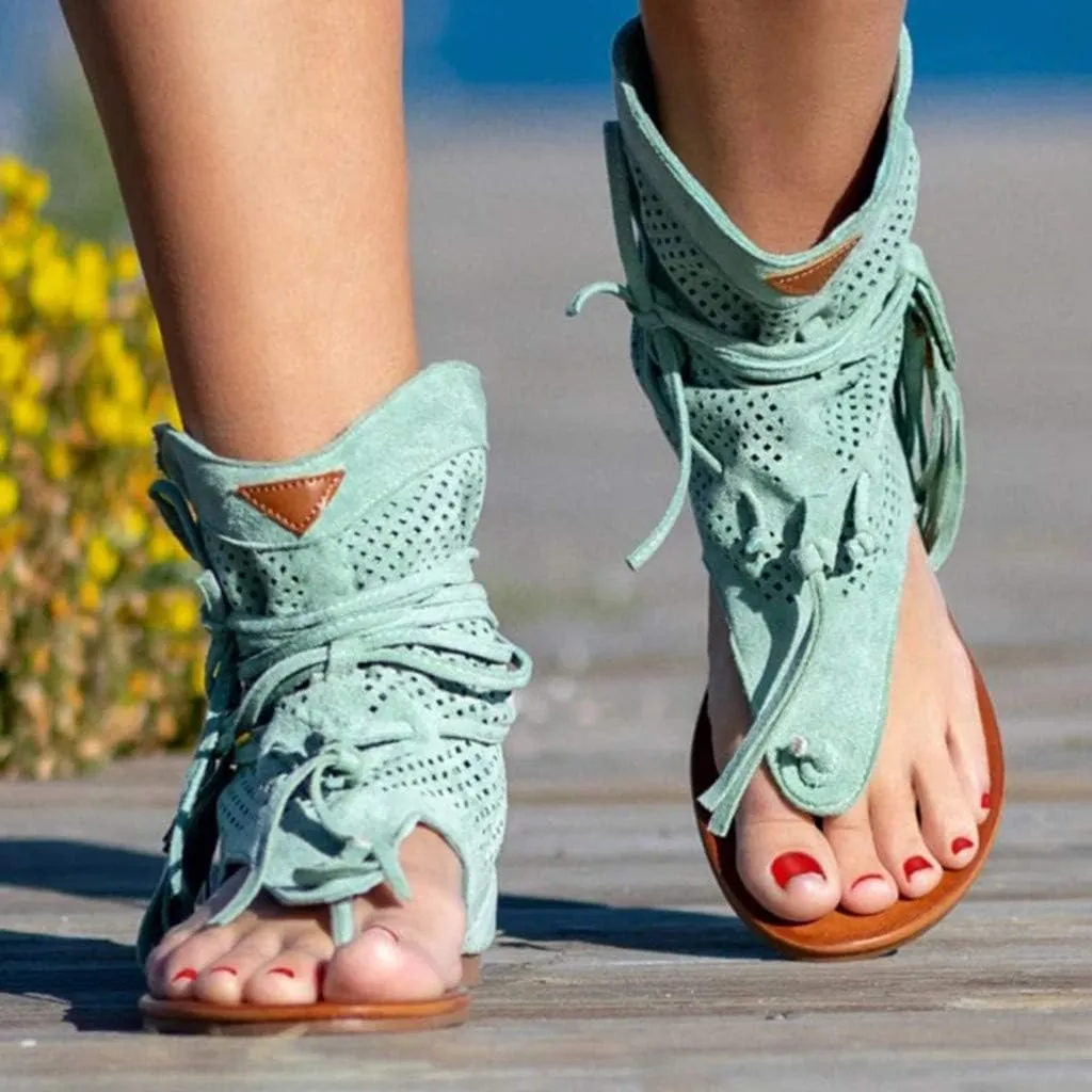 Eduavar Summer Sandals for Women, Sandals for Women Dressy Bohemian Gladiator Fringe Flat Clip Toe Ankle Boots