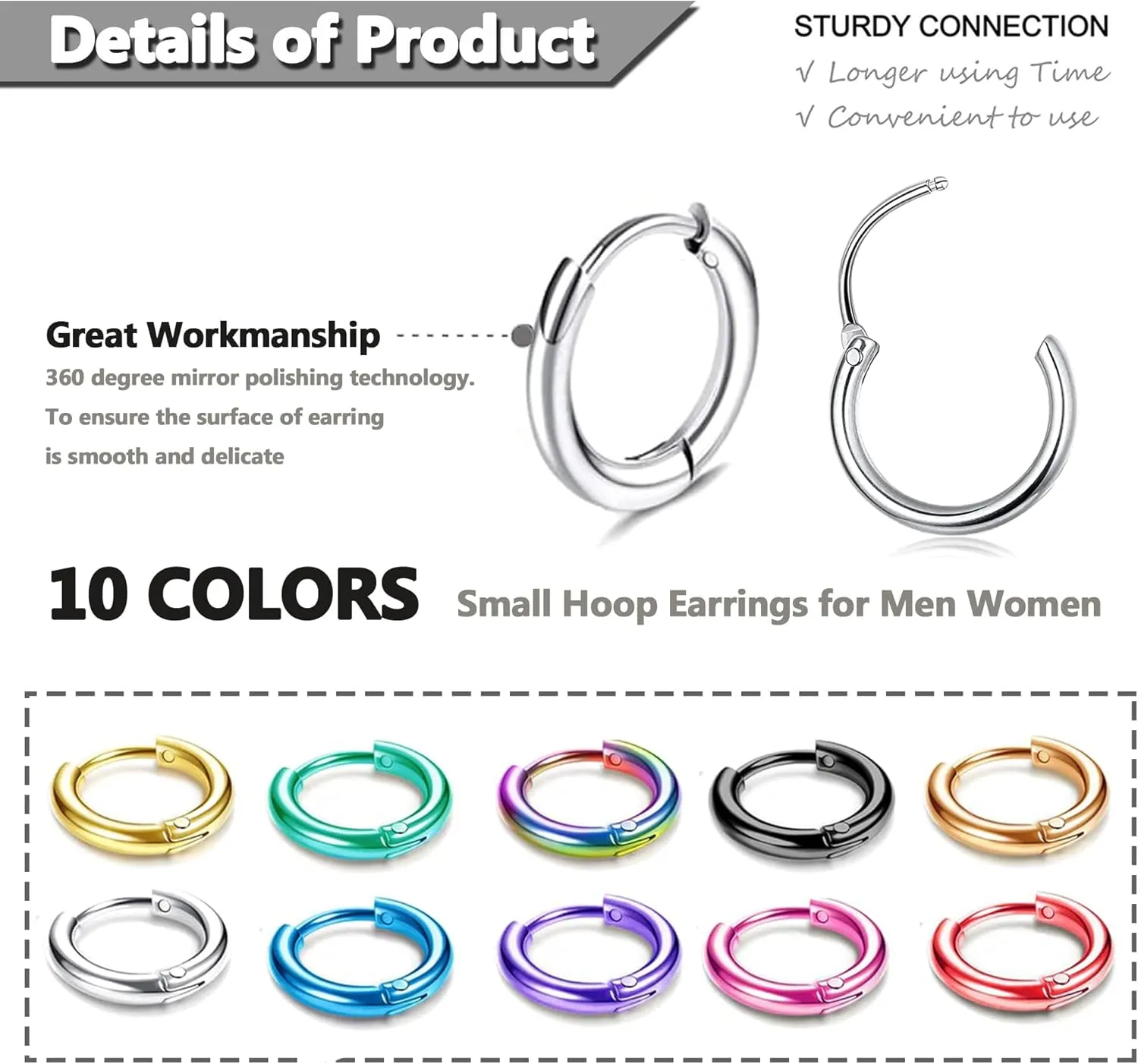 EIELO 10 Pairs Stainless Steel Small Hoop Earrings for Men Women Huggie Earrings Cool Mens Earrings Set Multicolor Huggie Hoop Earrings Piercing Cartilage Helix Lobes Sleeper Hoop Earrings Set 2-4mm