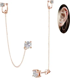 ELEDUCTMON Cubic Zirconia Crystal Ear Cuff Earrings - Sterling Silver Hypoallergenic Rhinestones Drop Dangle Chain 2 in 1 Earrings - Gifts for Women
