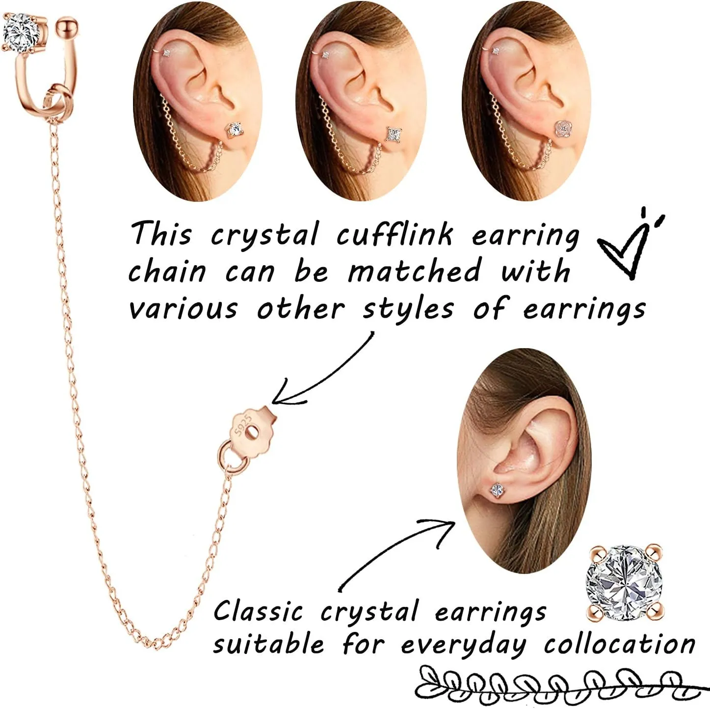 ELEDUCTMON Cubic Zirconia Crystal Ear Cuff Earrings - Sterling Silver Hypoallergenic Rhinestones Drop Dangle Chain 2 in 1 Earrings - Gifts for Women