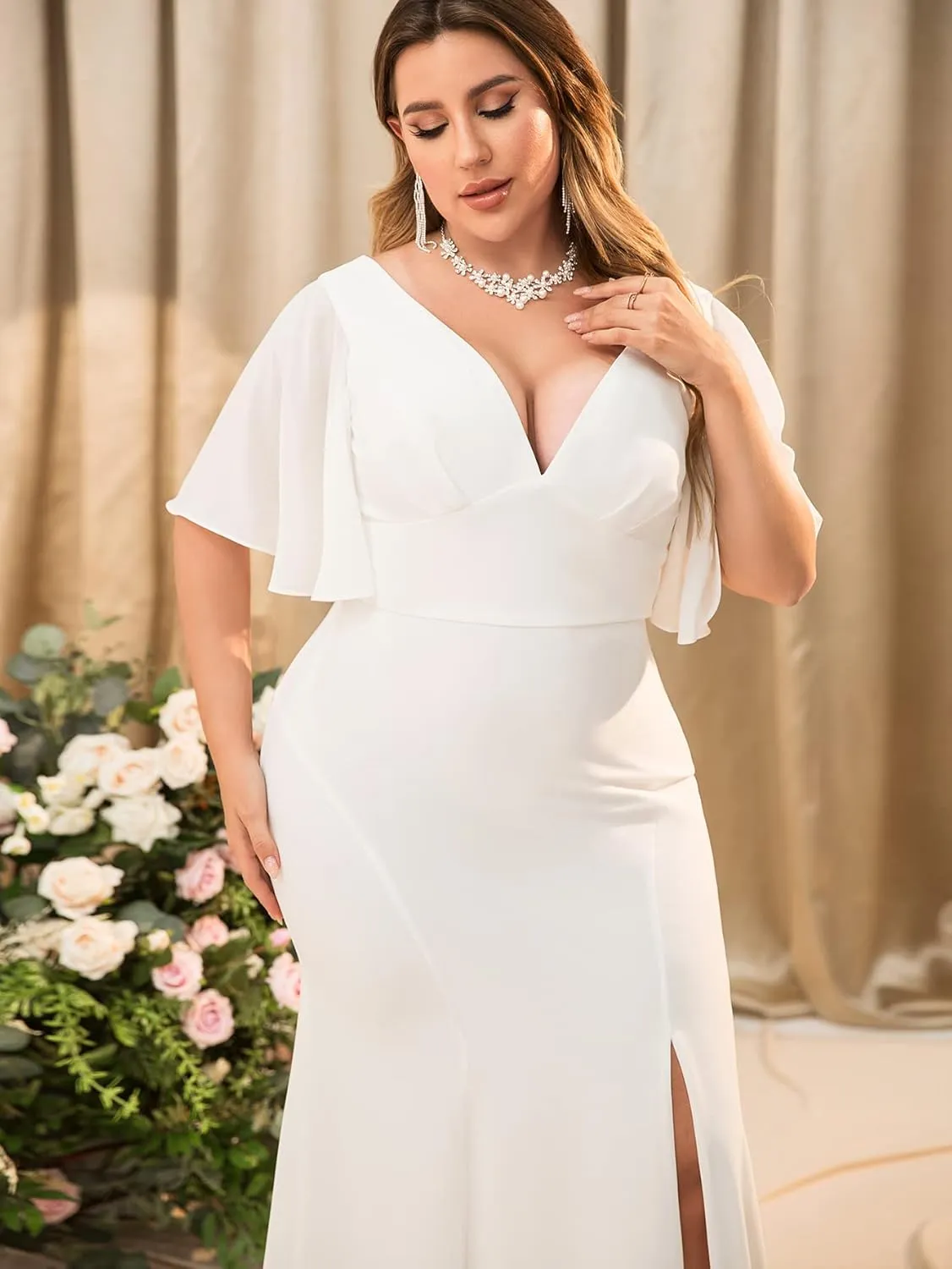 Elegant Plus Size Flowy Chiffon V-Neck Flutter Sleeve Mermaid Formal Maxi Dresses