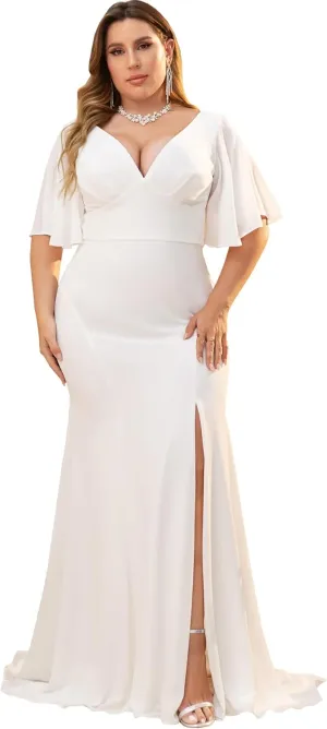 Elegant Plus Size Flowy Chiffon V-Neck Flutter Sleeve Mermaid Formal Maxi Dresses