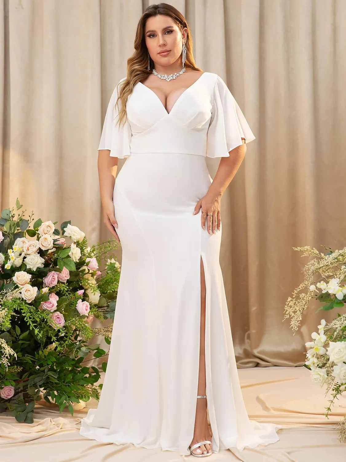 Elegant Plus Size Flowy Chiffon V-Neck Flutter Sleeve Mermaid Formal Maxi Dresses