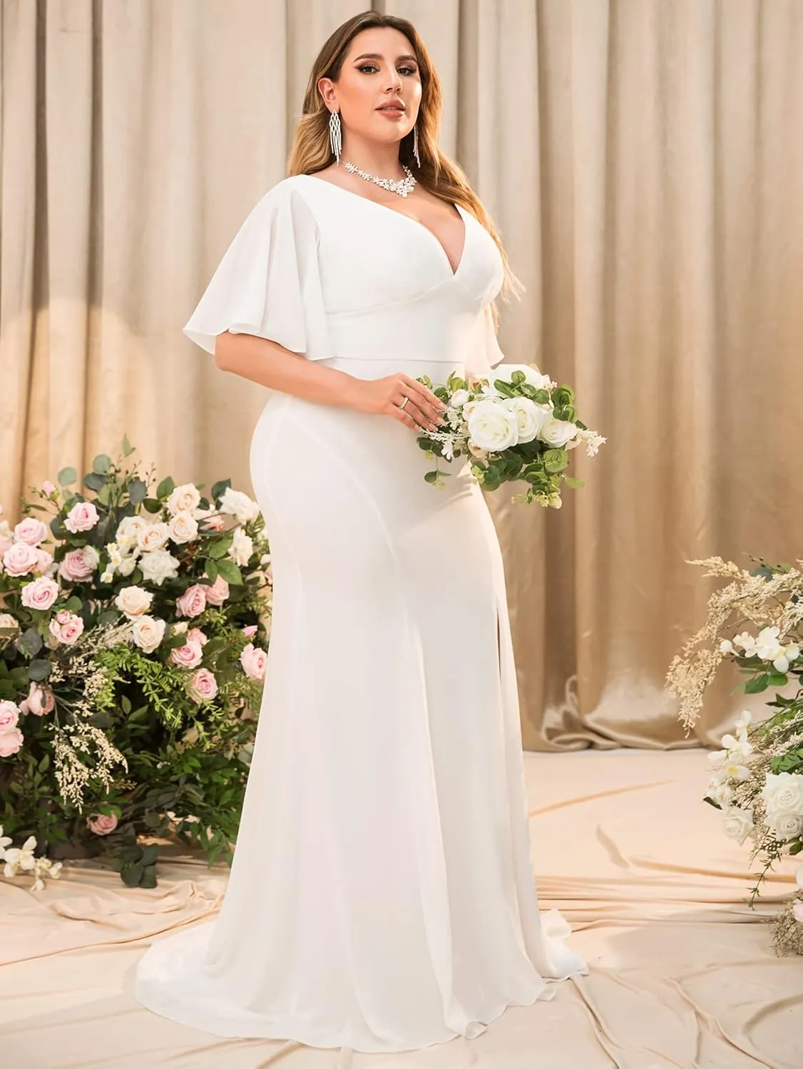 Elegant Plus Size Flowy Chiffon V-Neck Flutter Sleeve Mermaid Formal Maxi Dresses