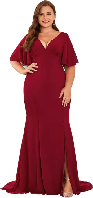 Elegant Plus Size Flowy Chiffon V-Neck Flutter Sleeve Mermaid Formal Maxi Dresses