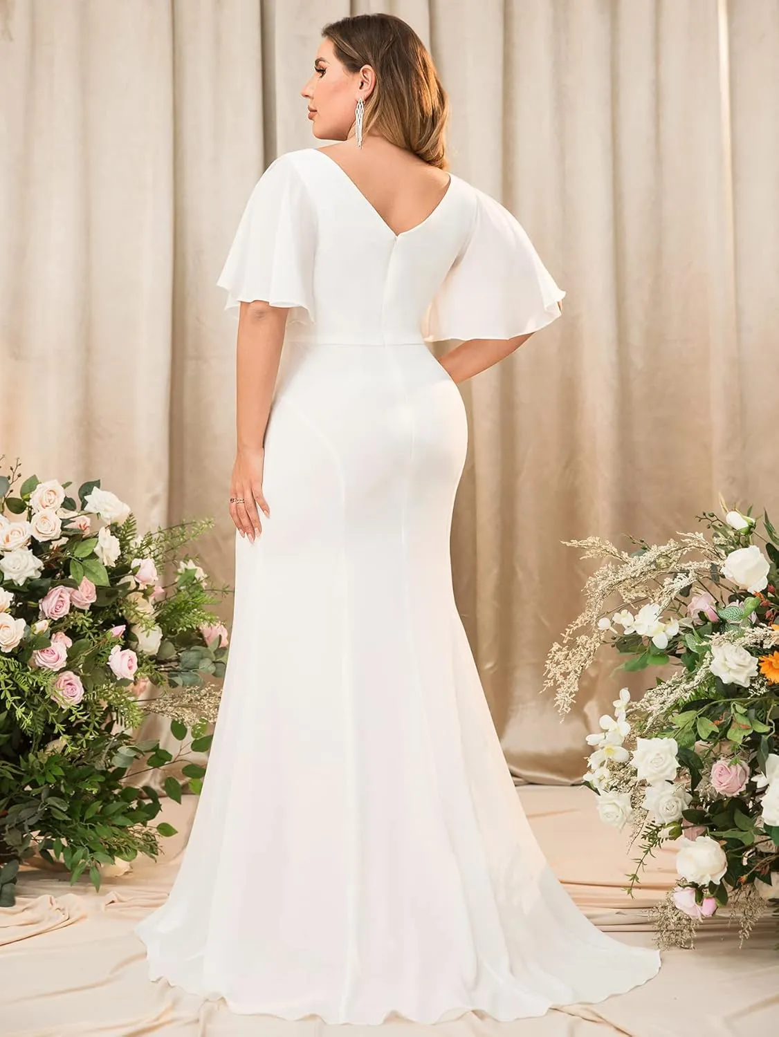 Elegant Plus Size Flowy Chiffon V-Neck Flutter Sleeve Mermaid Formal Maxi Dresses