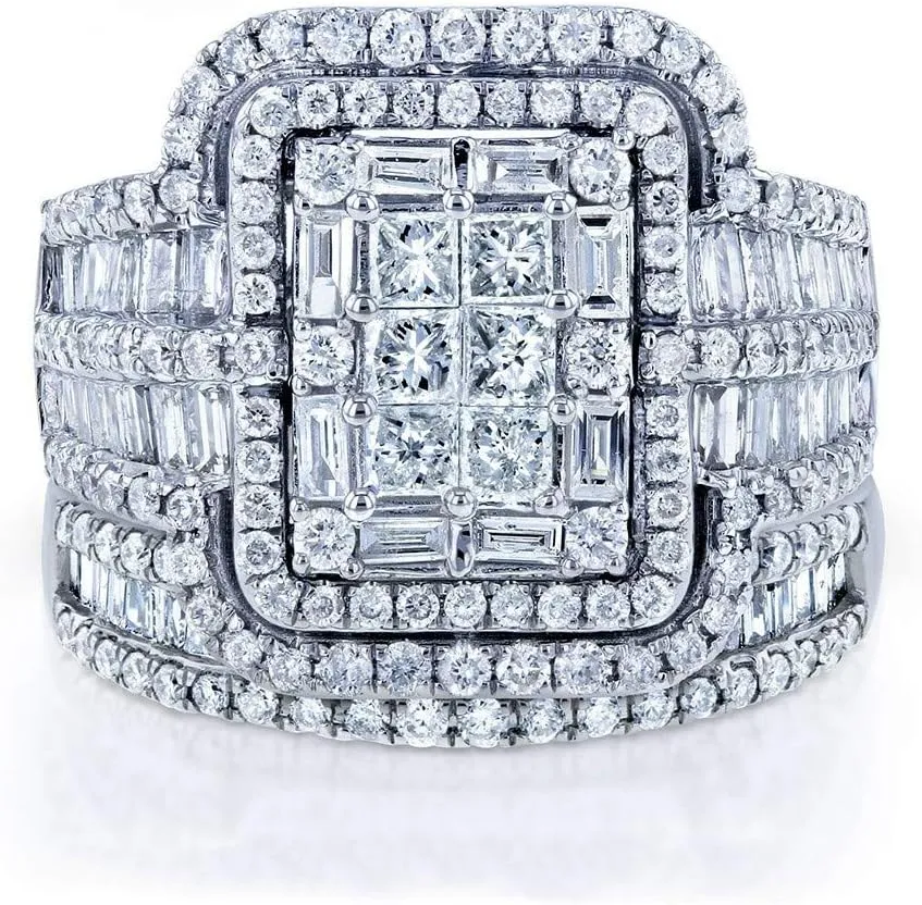 EUJHRTM 925 Sterling Silver Wedding Set, 3ct Cut Cubic Zirconia Halo Ring, Foldable Wedding Set, CZ Diamond Multi Row Ring, Eternal Engagement Wedding Ring, 2-Piece Set Size 9, ZY-PU139-Y5