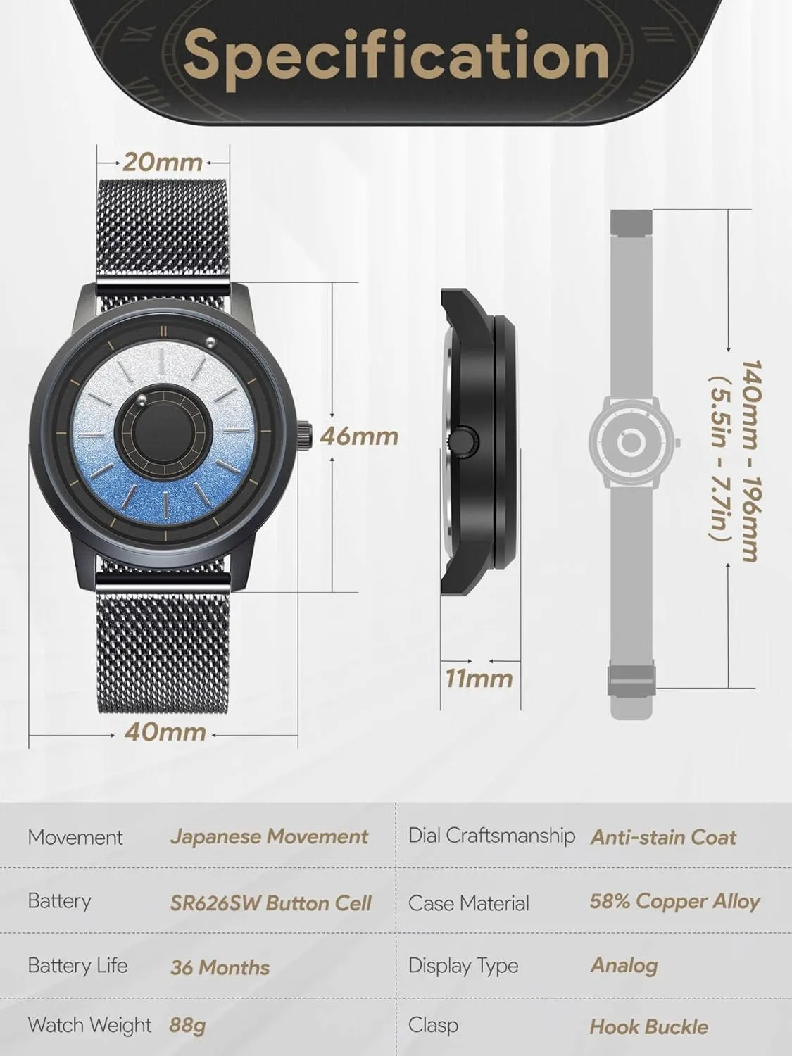 EUTOUR Men's Watch Magneto Watch Magnetic Watches Minimalist Unisex Quartz Watch with Stainless Steel Mesh Bracelet 40mm