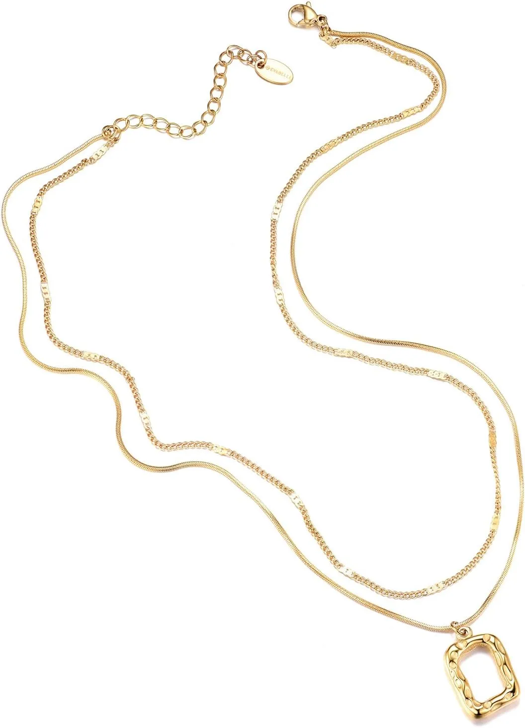 Evabelle Gold Layered Necklace for Women Trendy Jewelry 14K Real Gold Plated Chunky Chain Stackable Necklaces Dainty Choker Necklaces Rectangle Square Necklace