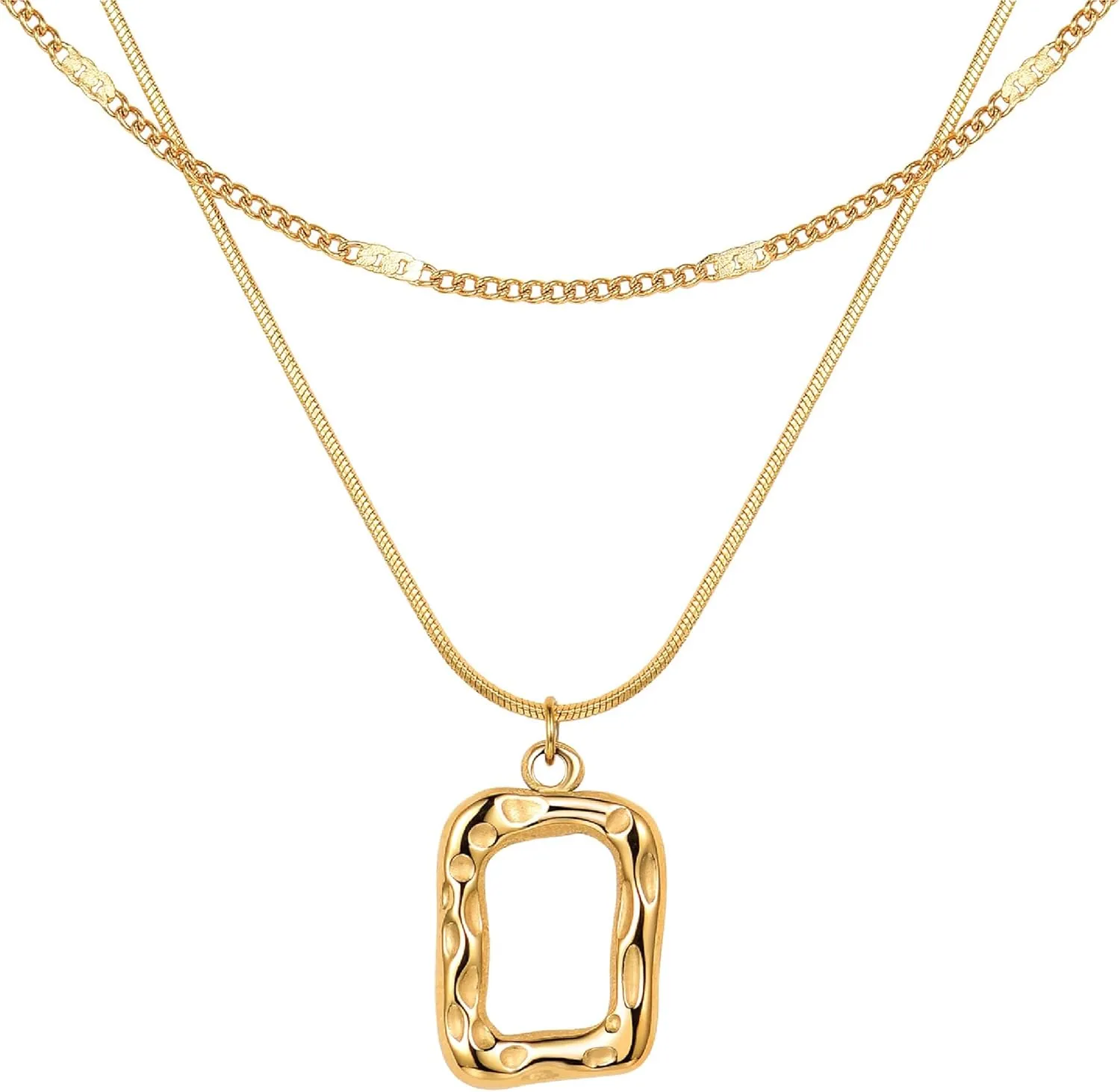 Evabelle Gold Layered Necklace for Women Trendy Jewelry 14K Real Gold Plated Chunky Chain Stackable Necklaces Dainty Choker Necklaces Rectangle Square Necklace