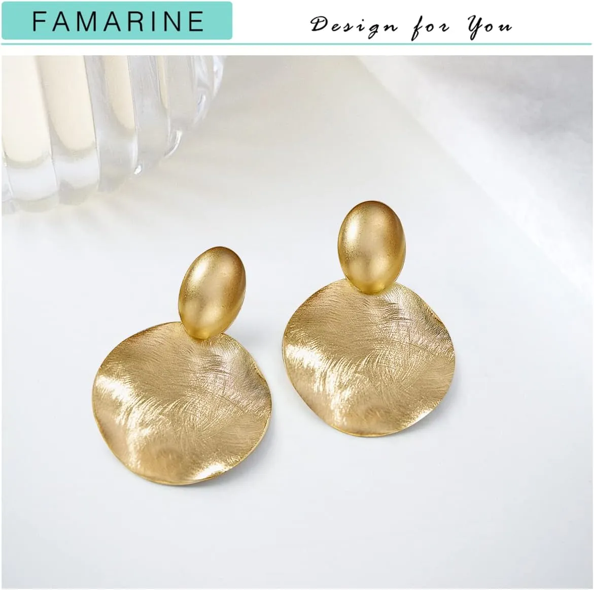 FAMARINE Big Disc Drop Earrings Gold Dangle Earrings Round Hammered Earrings Women