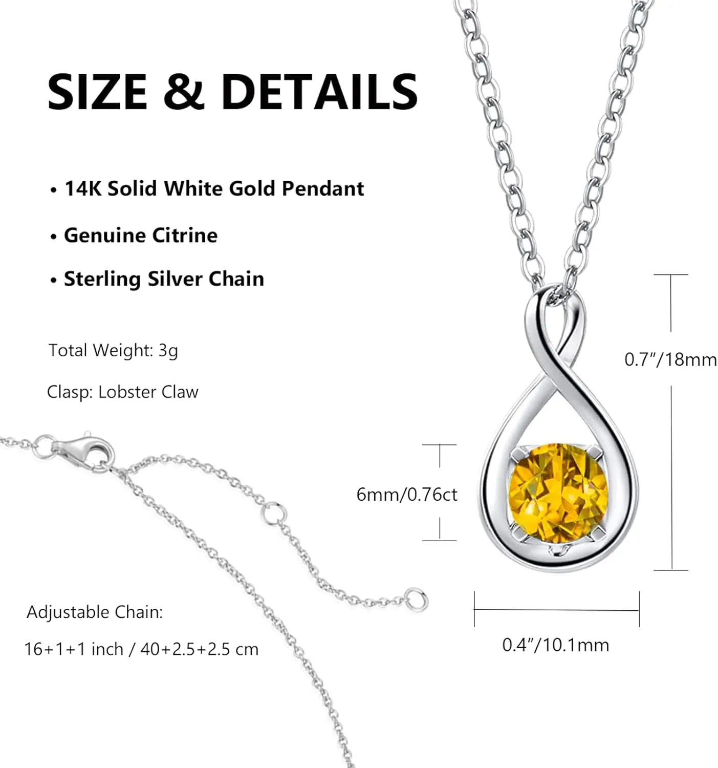 FANCIME 14K Solid White Gold Birthstone Pendant with Sterling Silver Chain Infinity Gemstone Necklace Fine Jewelry Anniversary Birthday Christmas Gifts for Women Wife Her