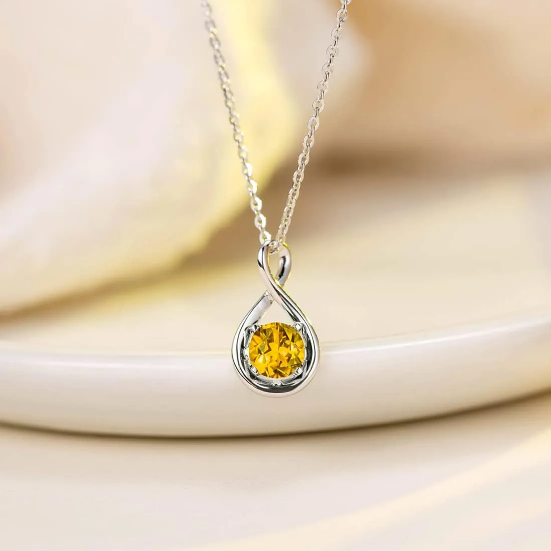 FANCIME 14K Solid White Gold Birthstone Pendant with Sterling Silver Chain Infinity Gemstone Necklace Fine Jewelry Anniversary Birthday Christmas Gifts for Women Wife Her