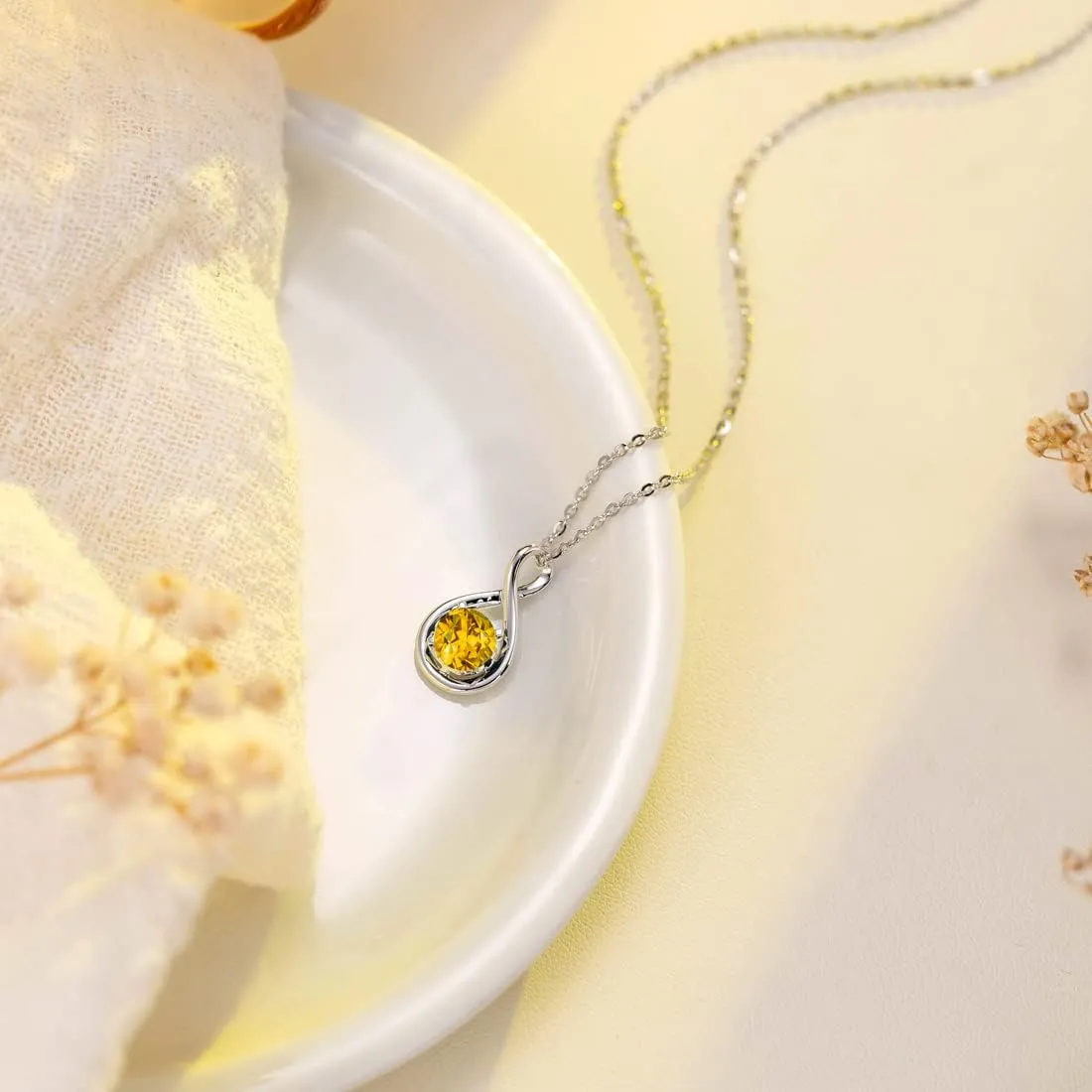 FANCIME 14K Solid White Gold Birthstone Pendant with Sterling Silver Chain Infinity Gemstone Necklace Fine Jewelry Anniversary Birthday Christmas Gifts for Women Wife Her