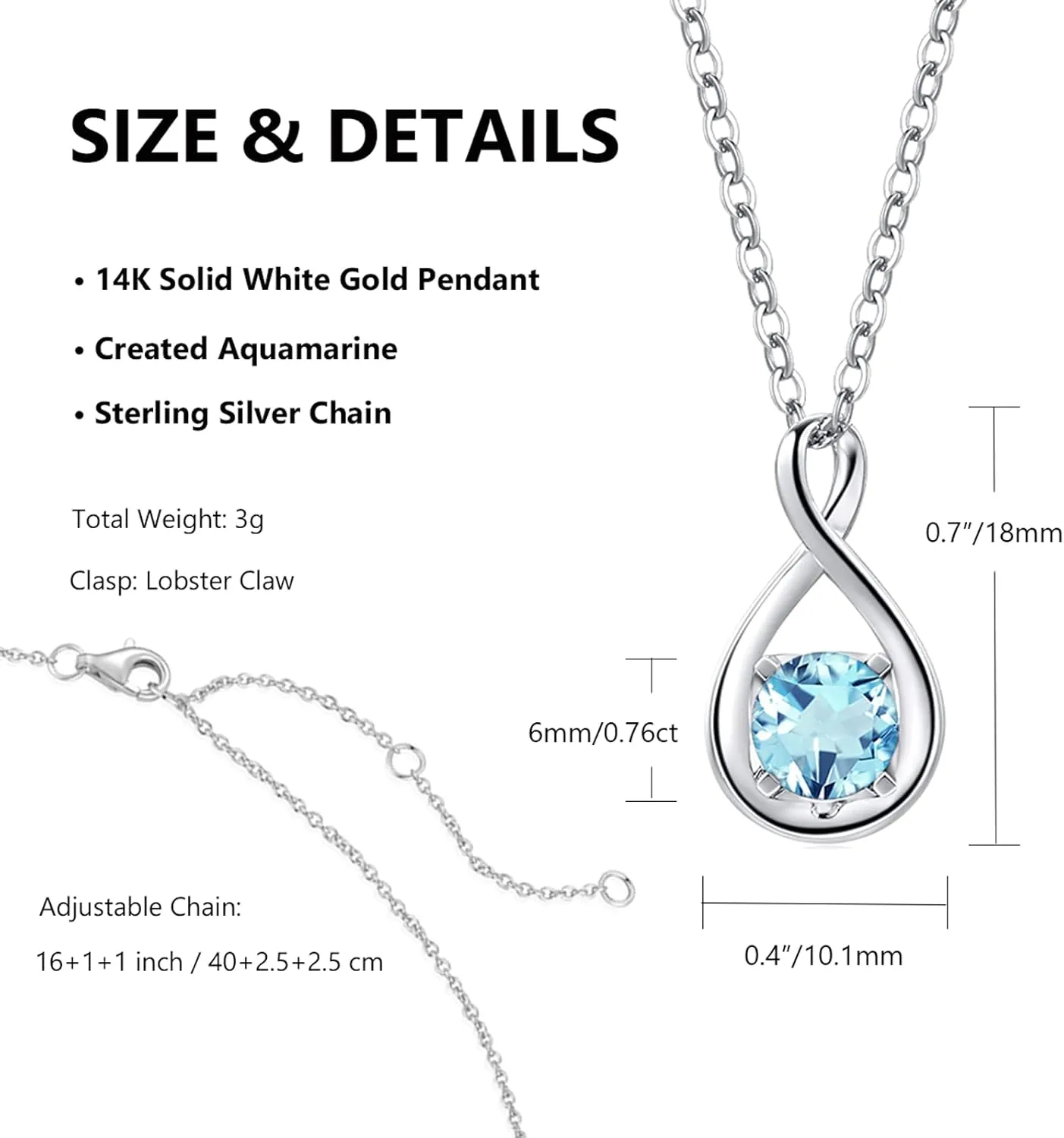 FANCIME 14K Solid White Gold Birthstone Pendant with Sterling Silver Chain Infinity Gemstone Necklace Fine Jewelry Anniversary Birthday Christmas Gifts for Women Wife Her