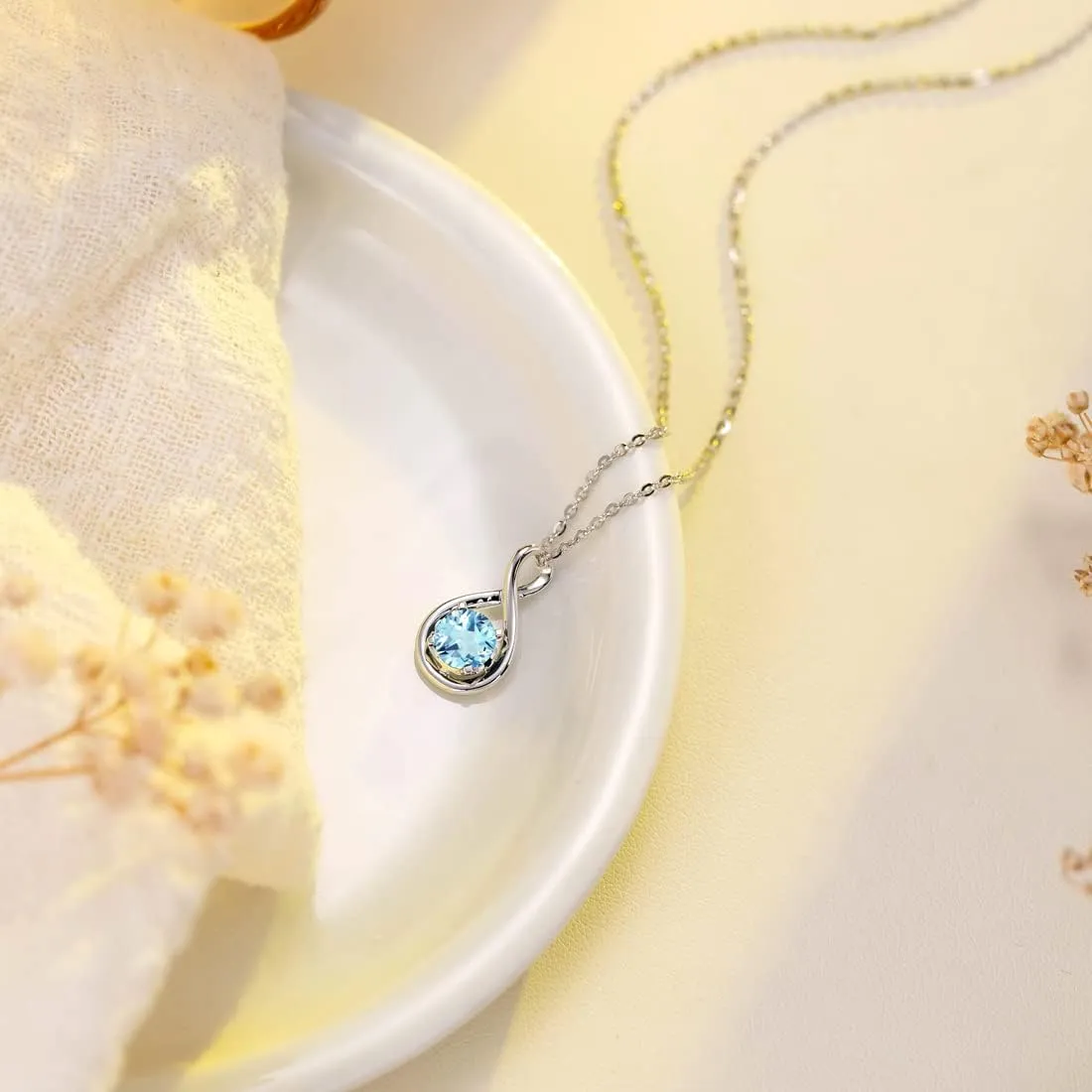 FANCIME 14K Solid White Gold Birthstone Pendant with Sterling Silver Chain Infinity Gemstone Necklace Fine Jewelry Anniversary Birthday Christmas Gifts for Women Wife Her