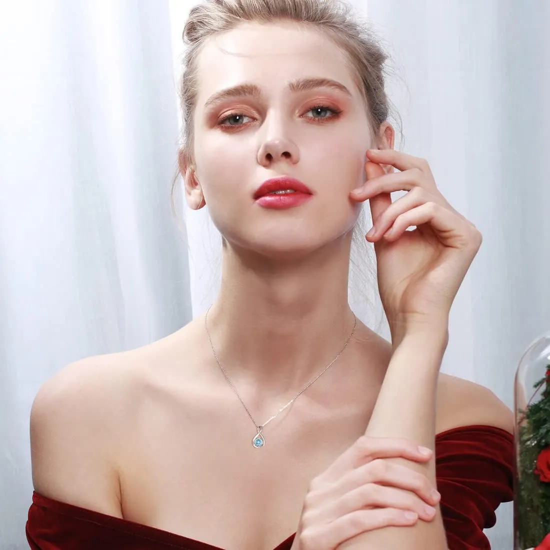 FANCIME 14K Solid White Gold Birthstone Pendant with Sterling Silver Chain Infinity Gemstone Necklace Fine Jewelry Anniversary Birthday Christmas Gifts for Women Wife Her