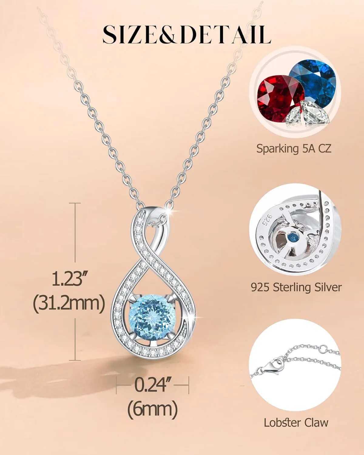 FANCIME Birthstone Necklaces for Women Fine Jewelry Sterling Silver Infinity Pendant Anniversary Birthday Gifts for Her Women Wife Mom Lady Daughter, Chain 16" 2" Extend