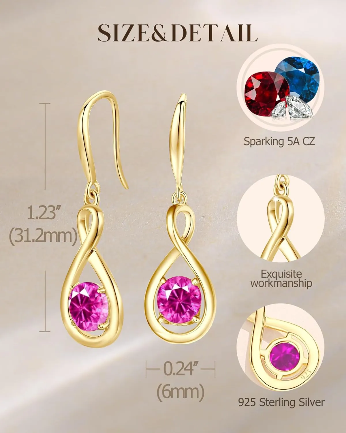 FANCIME Dangle Drop Earrings 925 Sterling Silver Dainty Infinity Round Gemstone Birthstone Jewelry Birthday Gifts for Her Women