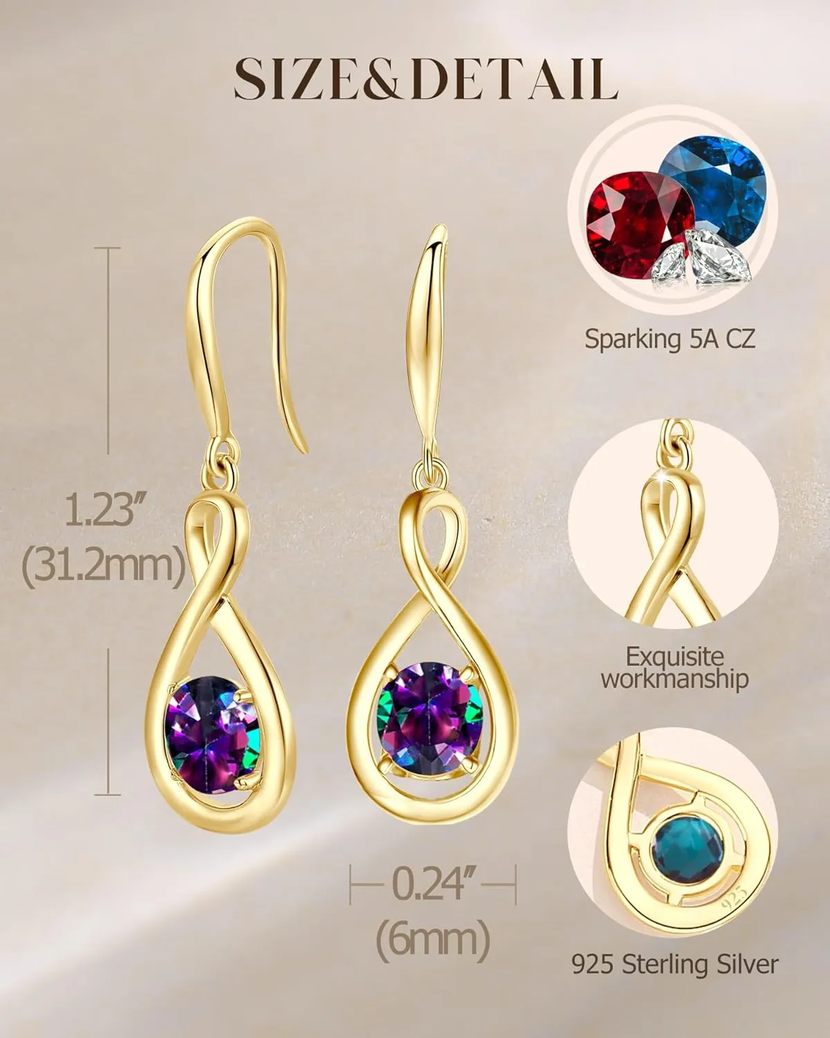 FANCIME Dangle Drop Earrings 925 Sterling Silver Yellow Gold Plated Dainty Infinity Round Gemstone Birthstone Earring Fine Jewelry Birthday Gifts for Her Women
