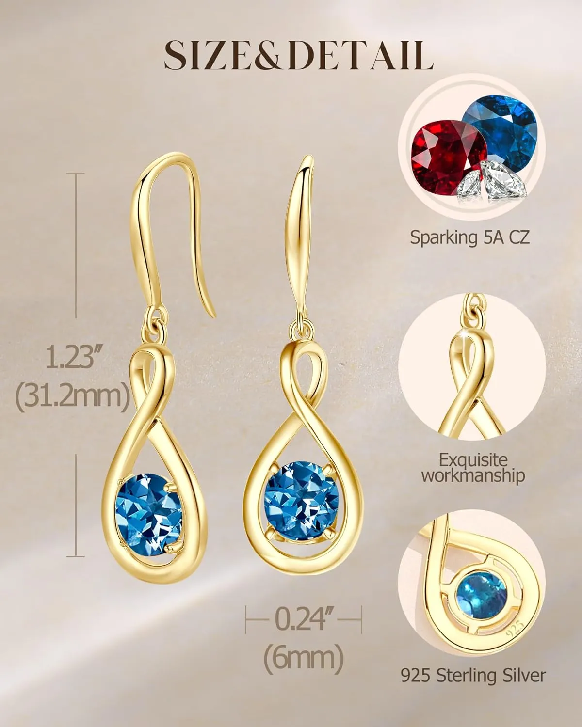 FANCIME Dangle Drop Earrings 925 Sterling Silver Yellow Gold Plated Dainty Infinity Round Gemstone Birthstone Earring Fine Jewelry Birthday Gifts for Her Women